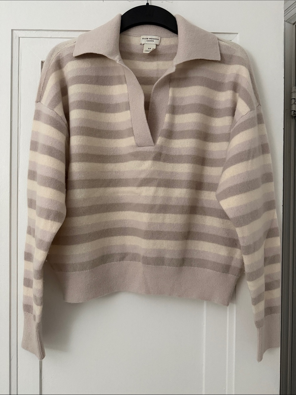 Club Monaco Cream and Taupe Striped Polo-Neck Sweater